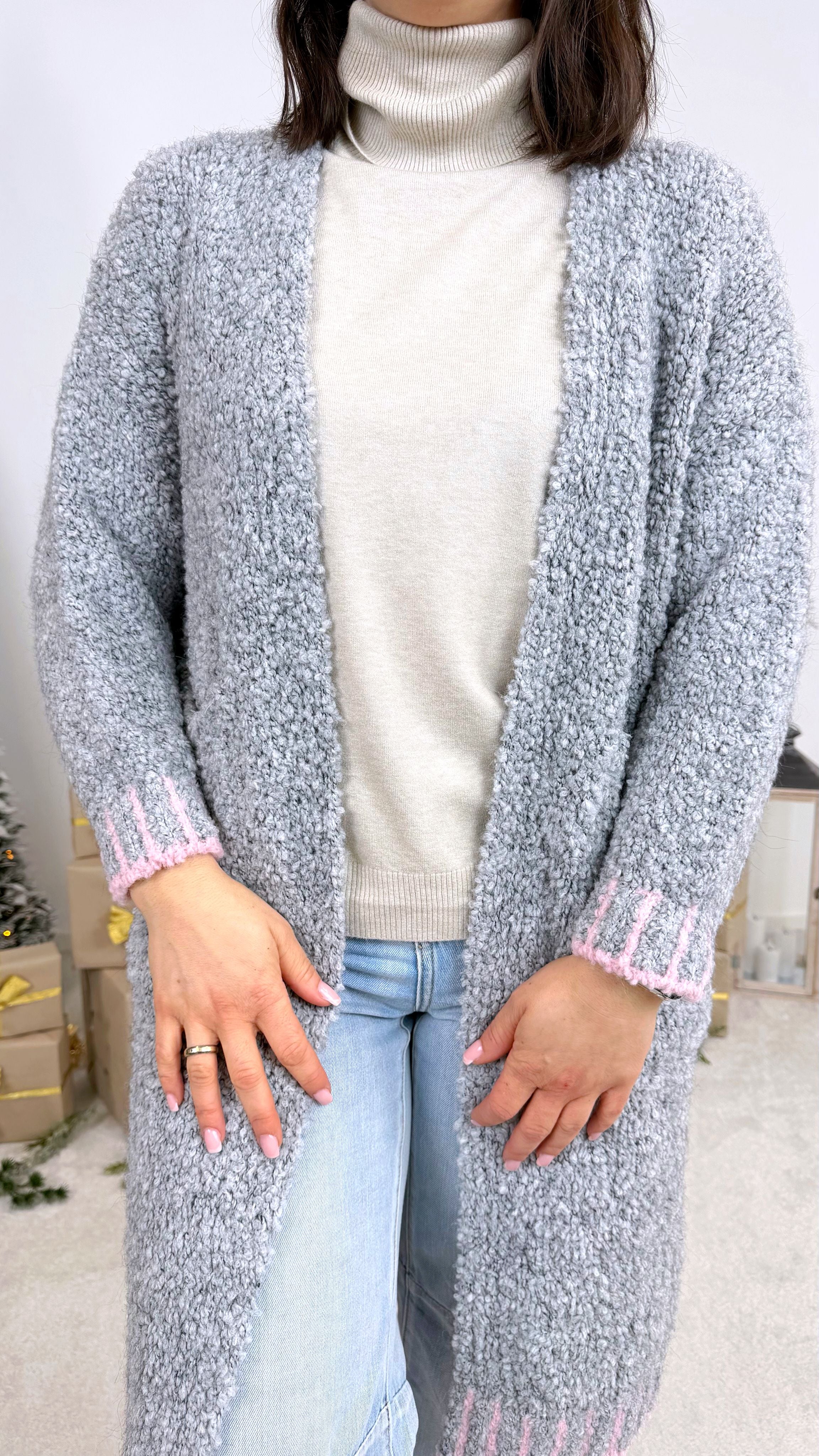 Strickjacke Fluffy Winter *Grau/Rosa*