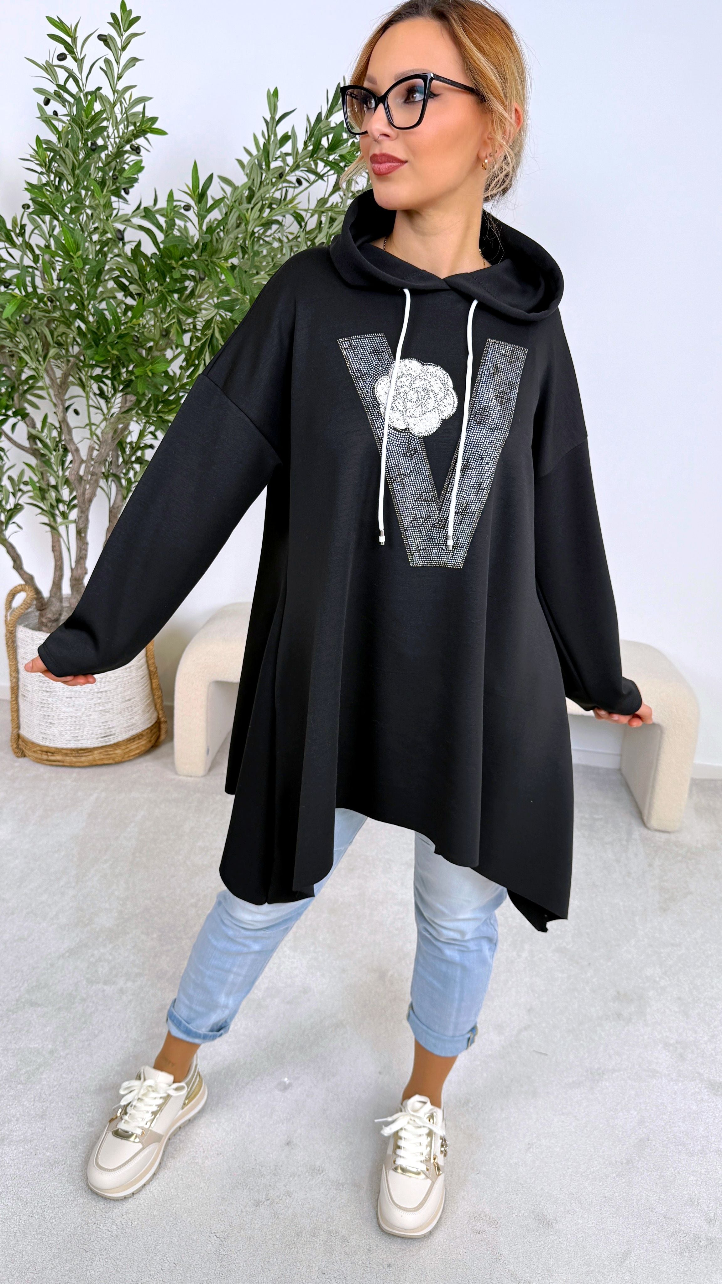 Long Hoodie Shine Letter *Schwarz*
