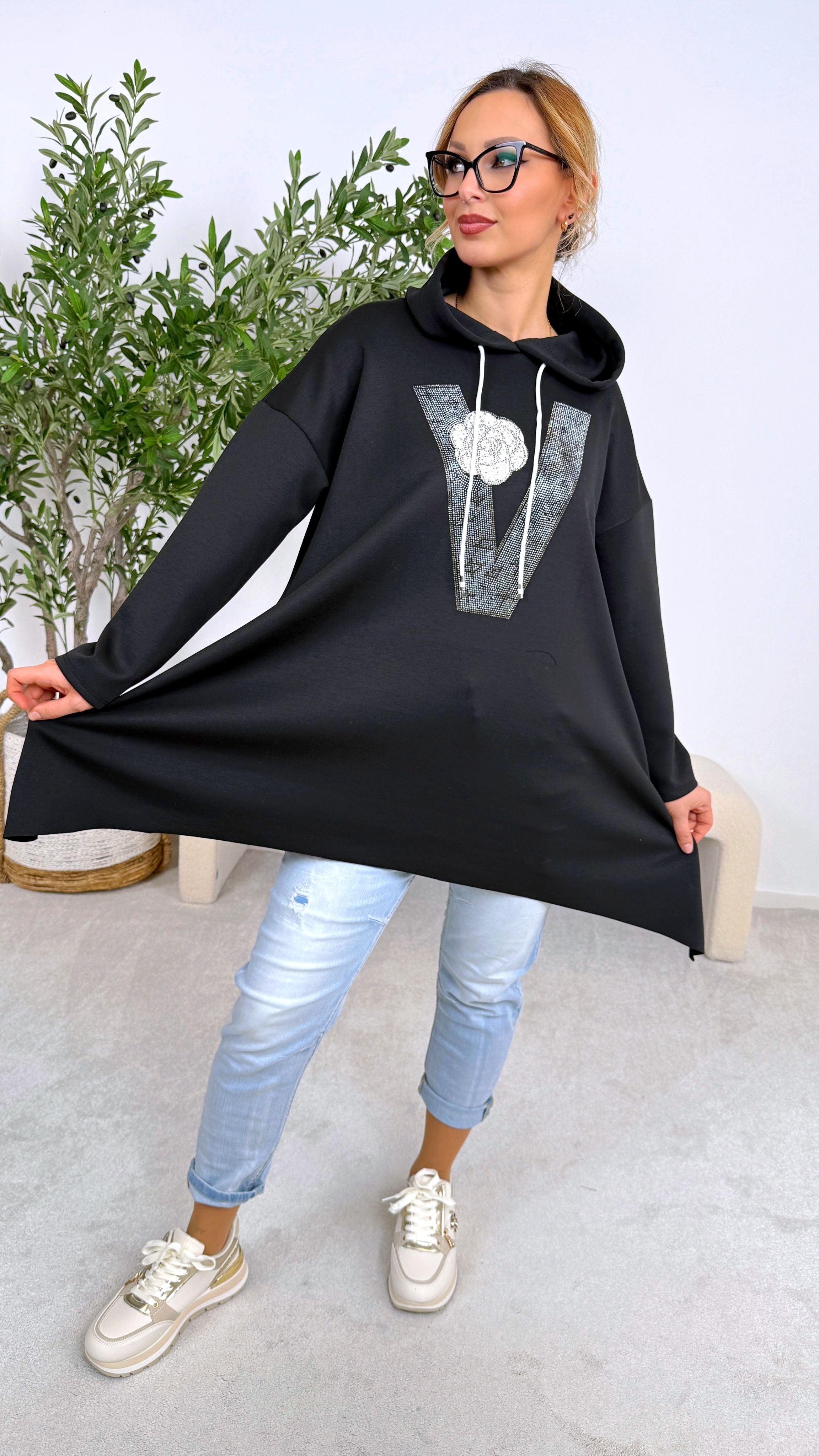 Long Hoodie Shine Letter *Schwarz*
