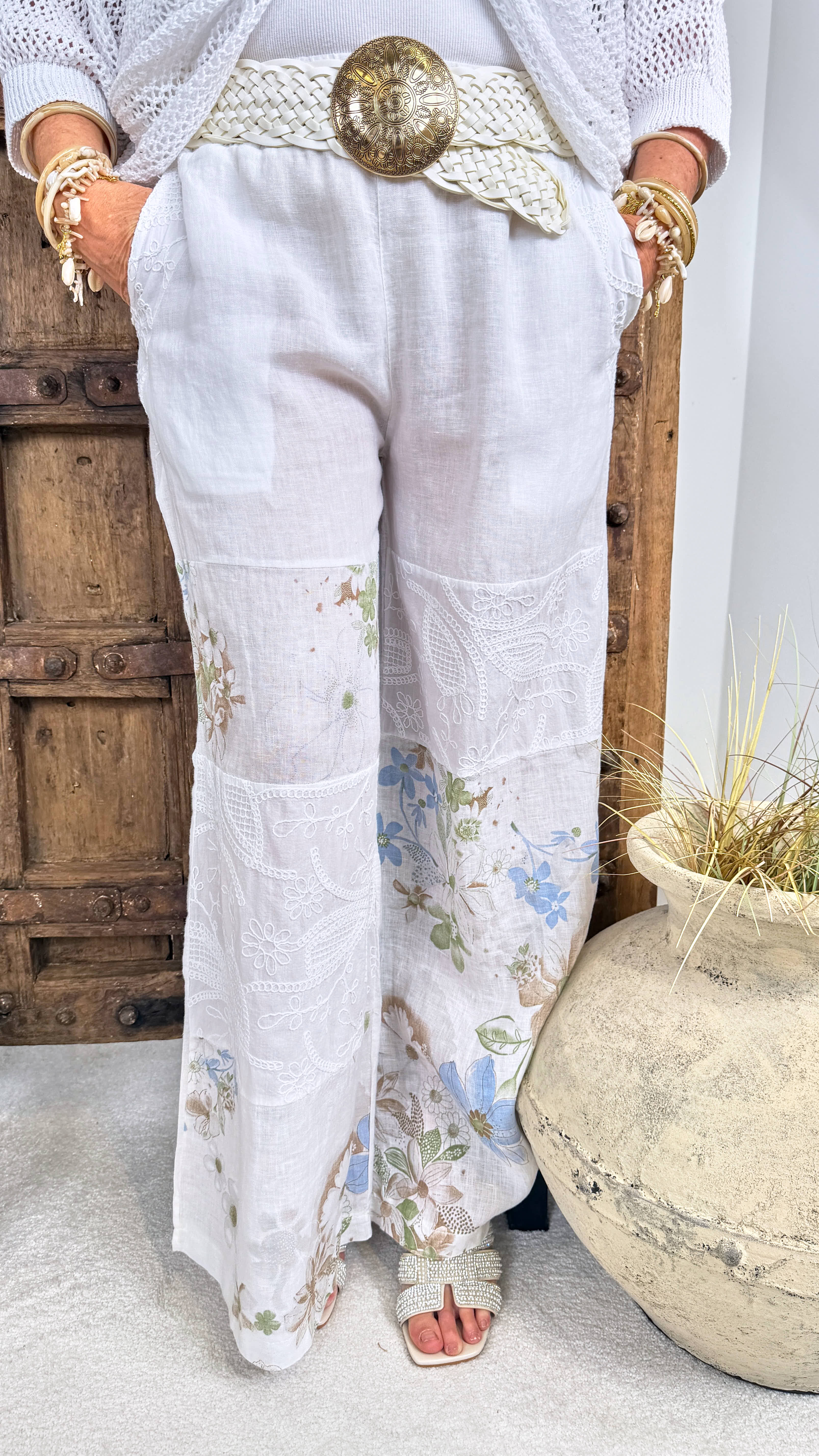 Weite Leinenhose Country Bloom *Weiß*