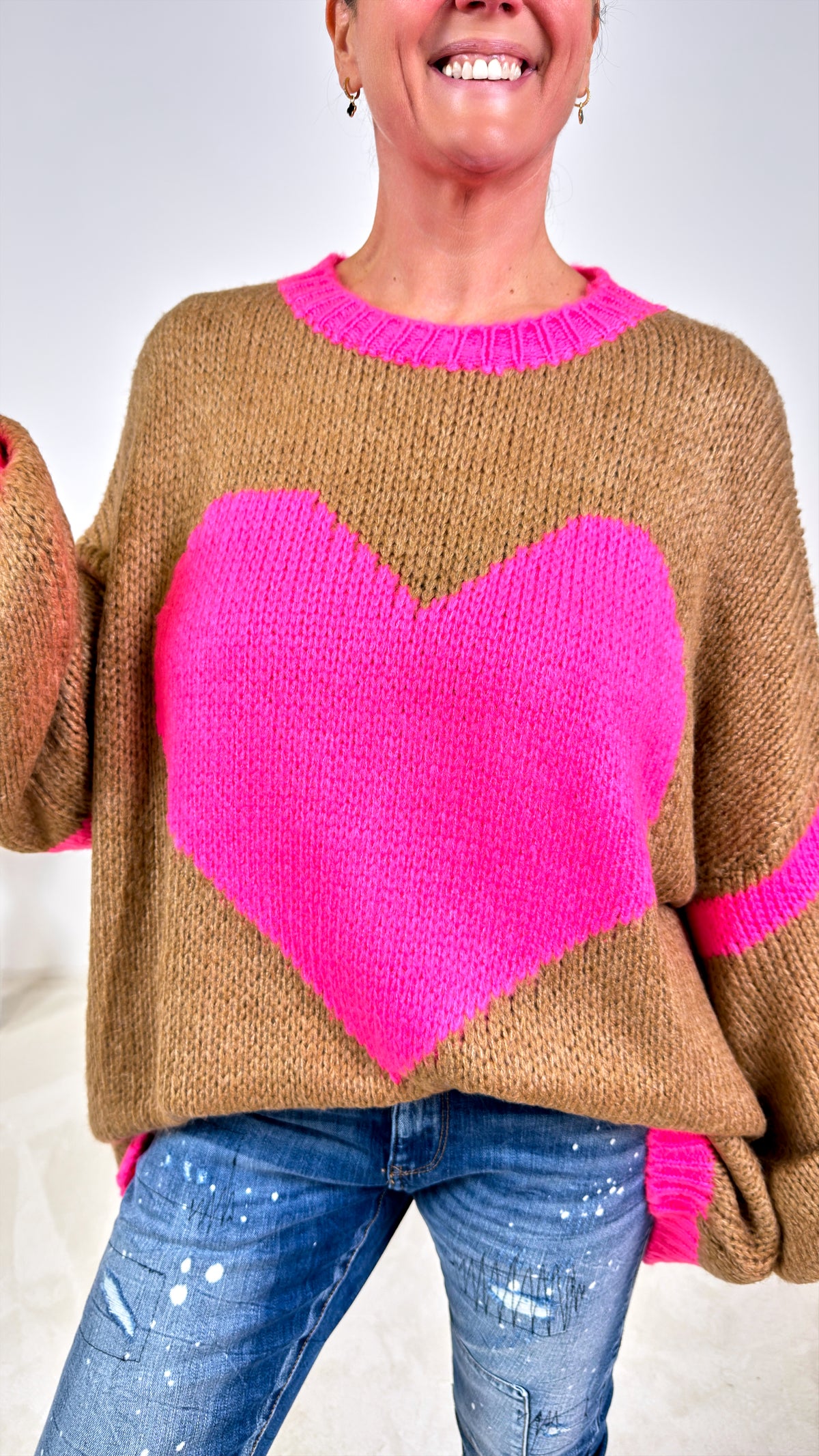 Strickpullover Herzfeuer *Camel/Neon-Pink*