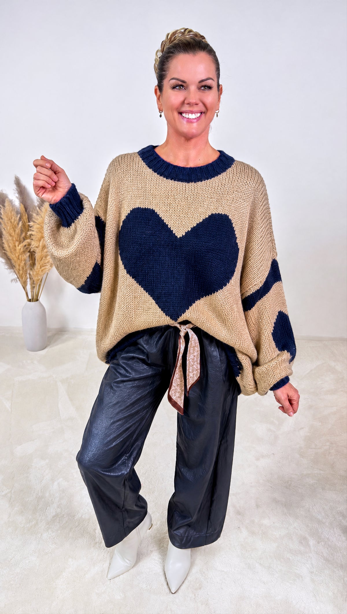 Strickpullover Herzfeuer *Camel/Dunkelblau*