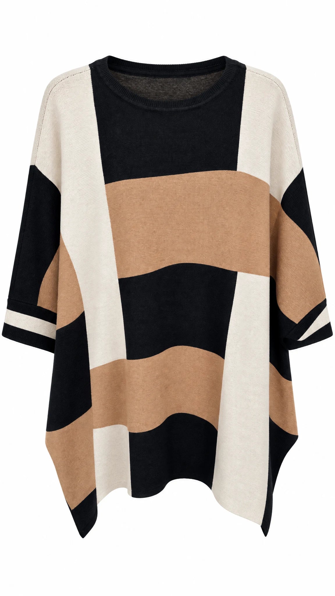 Oversize-Strickpullover mit schwarz-beige-camelfarbenem Colorblock-Muster und Dreiviertelärmeln