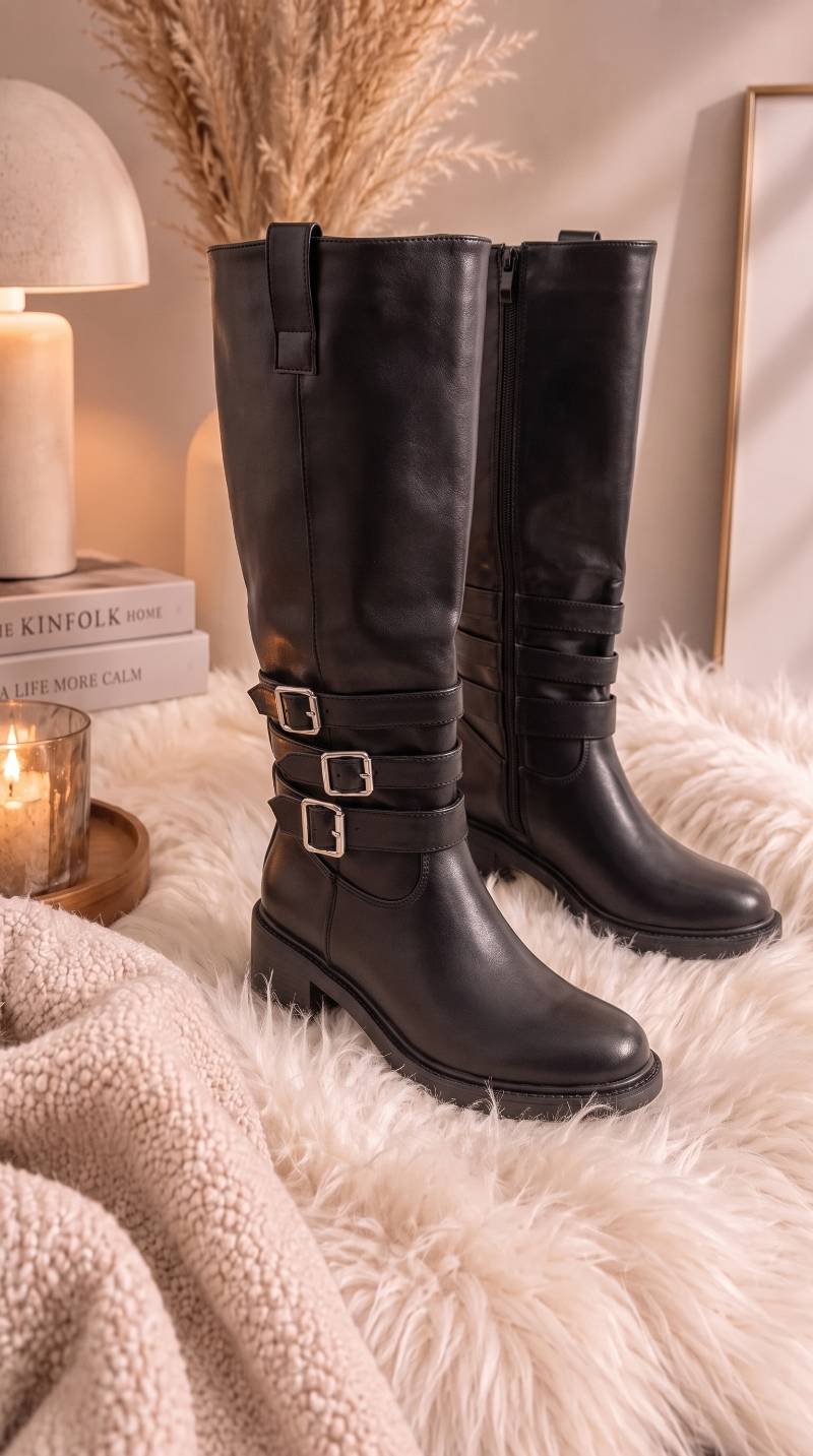 Zwei hohe Stiefel mit Schnallen-Riemen und Reißverschluss stehen auf einem flauschigen Fell in Schwarz