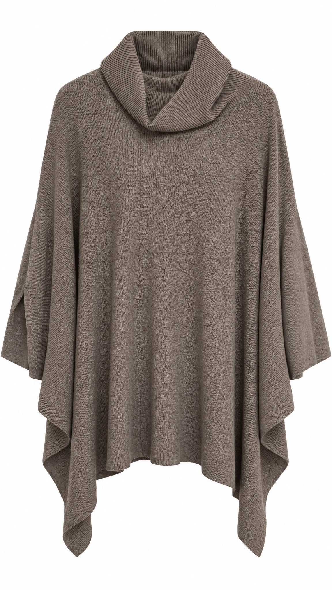 Brauner Poncho-Pullover mit Rollkragen und strukturiertem Strickmuster auf Kleiderbügel