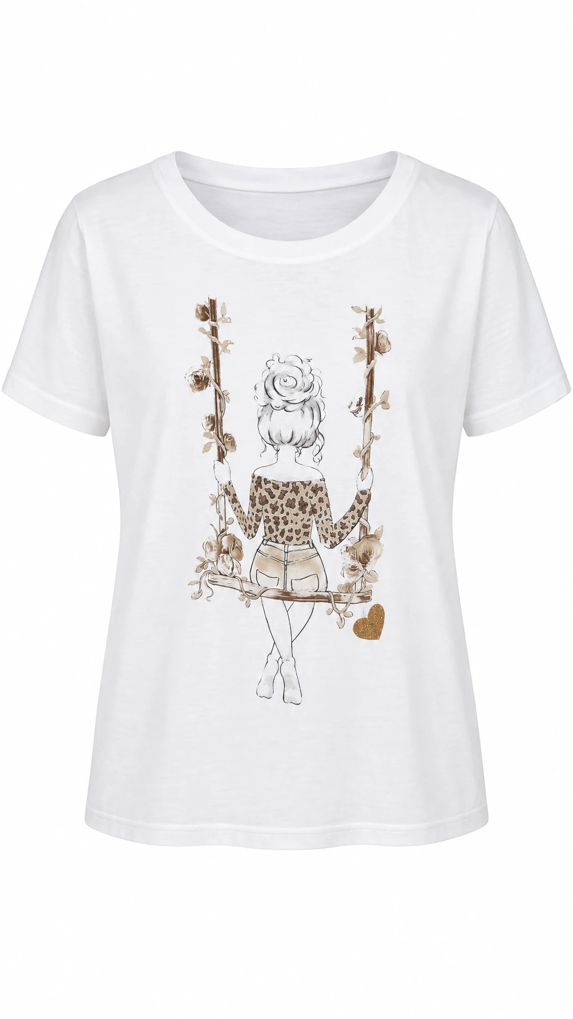 Weißes T-Shirt mit kurzen Ärmeln und Rundhalsausschnitt, bedruckt mit einer sitzenden Frauenfigur auf einer Schaukel umgeben