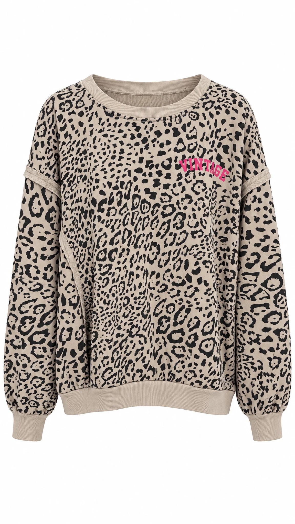 Sweatshirt mit Leopardenprint, rundem Ausschnitt und pinkem Schriftzug "Vintage" auf der Brust