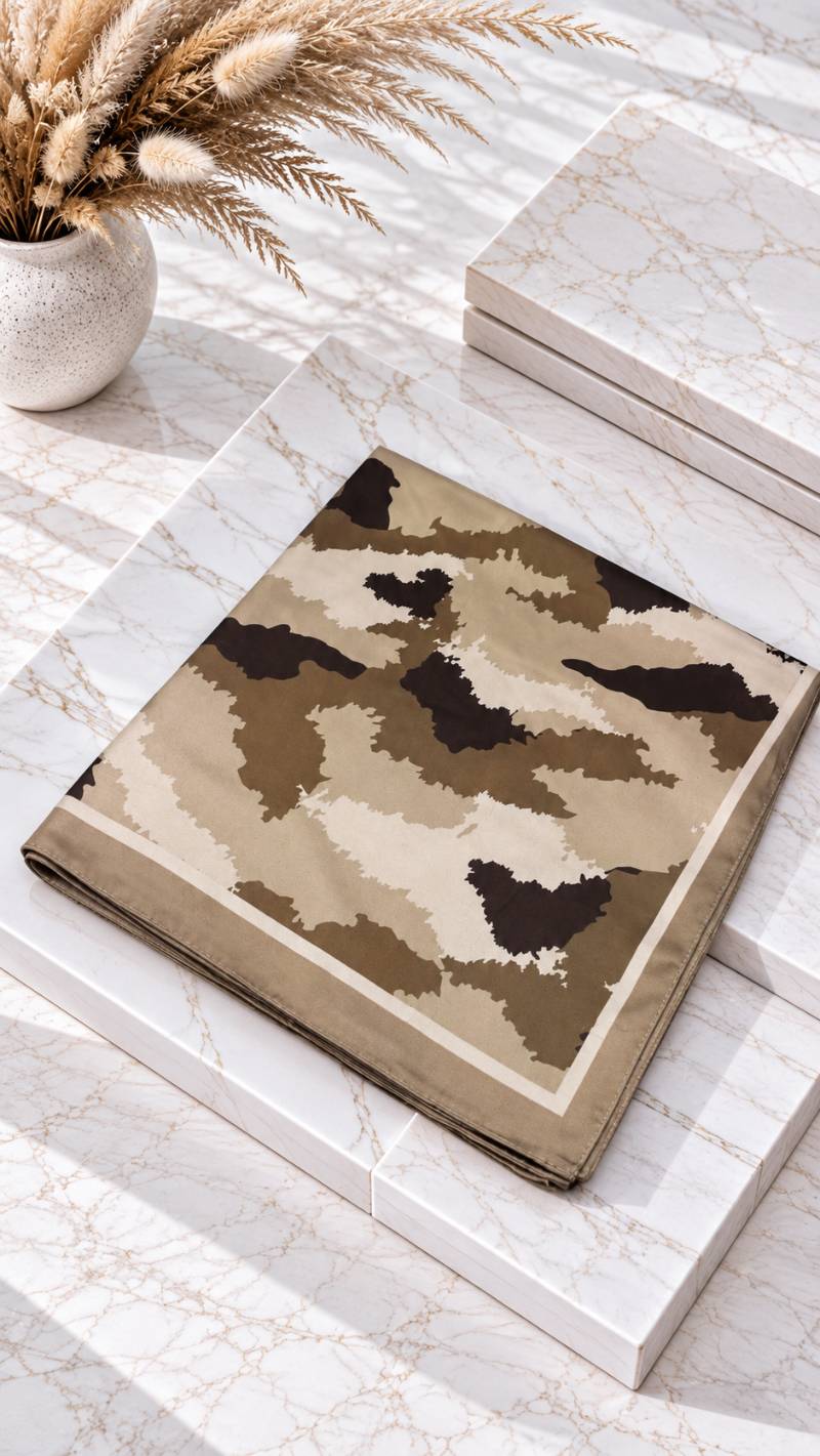 Zusammengefaltetes Halstuch mit Camouflage-Muster in Erdtönen auf einer Marmorfläche
