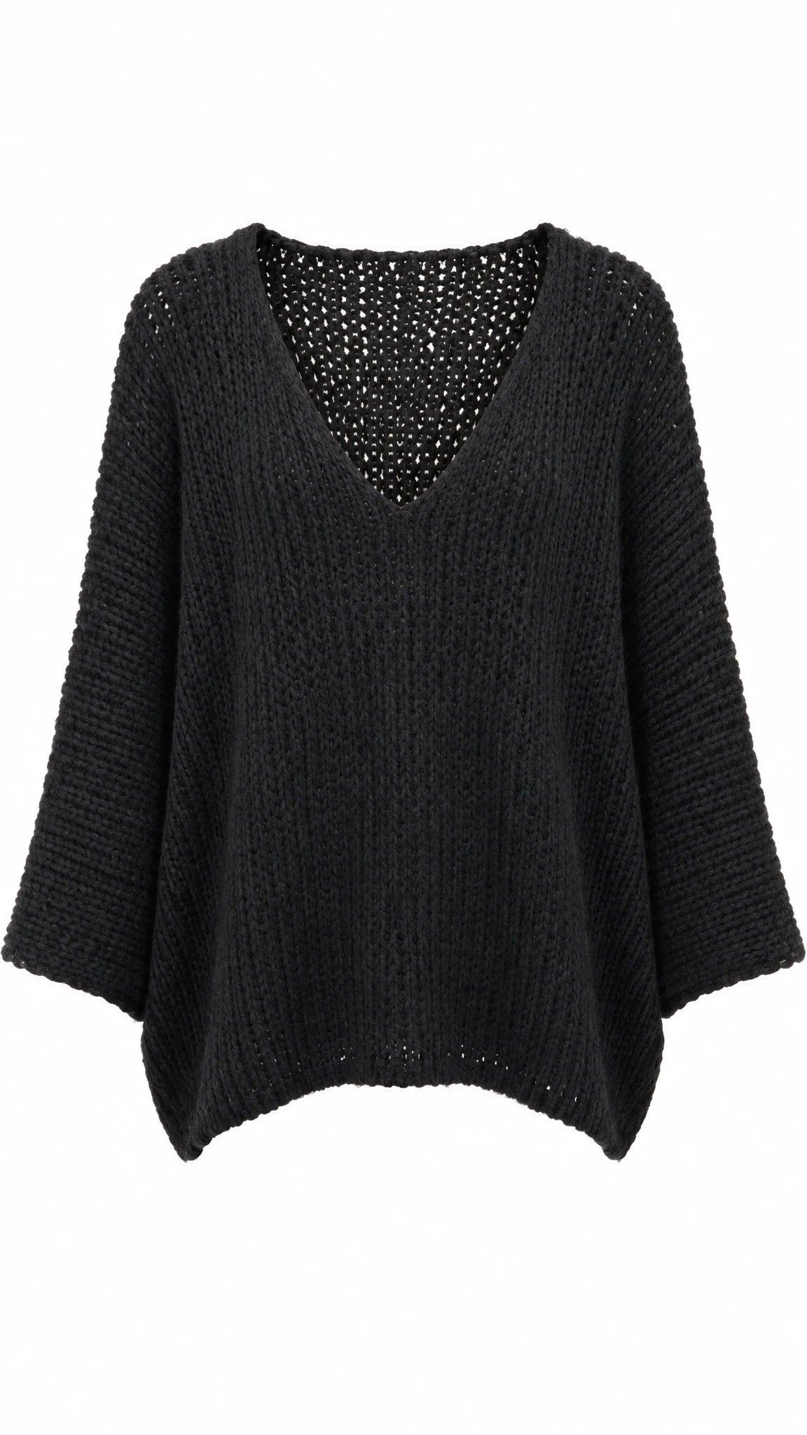 Schwarzer Grobstrick-Pullover mit V-Ausschnitt und Oversize-Schnitt auf Kleiderbügel