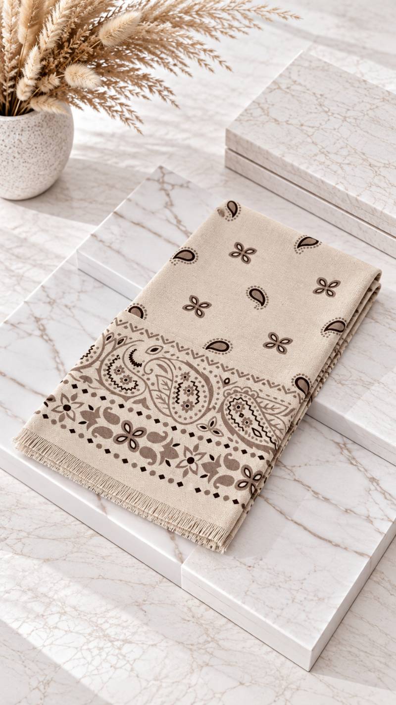 Gefalteter Schal mit Paisley-Muster und Fransenkante auf Marmoruntergrund in Beige