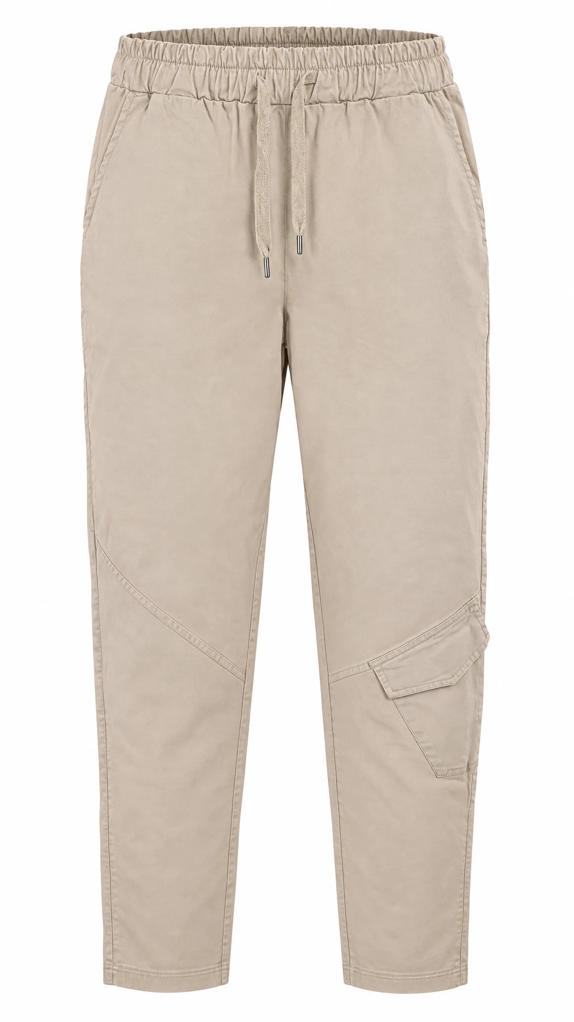 Beige Chino-Hose mit elastischem Bund, Kordelzug und seitlicher Cargotasche am Bein