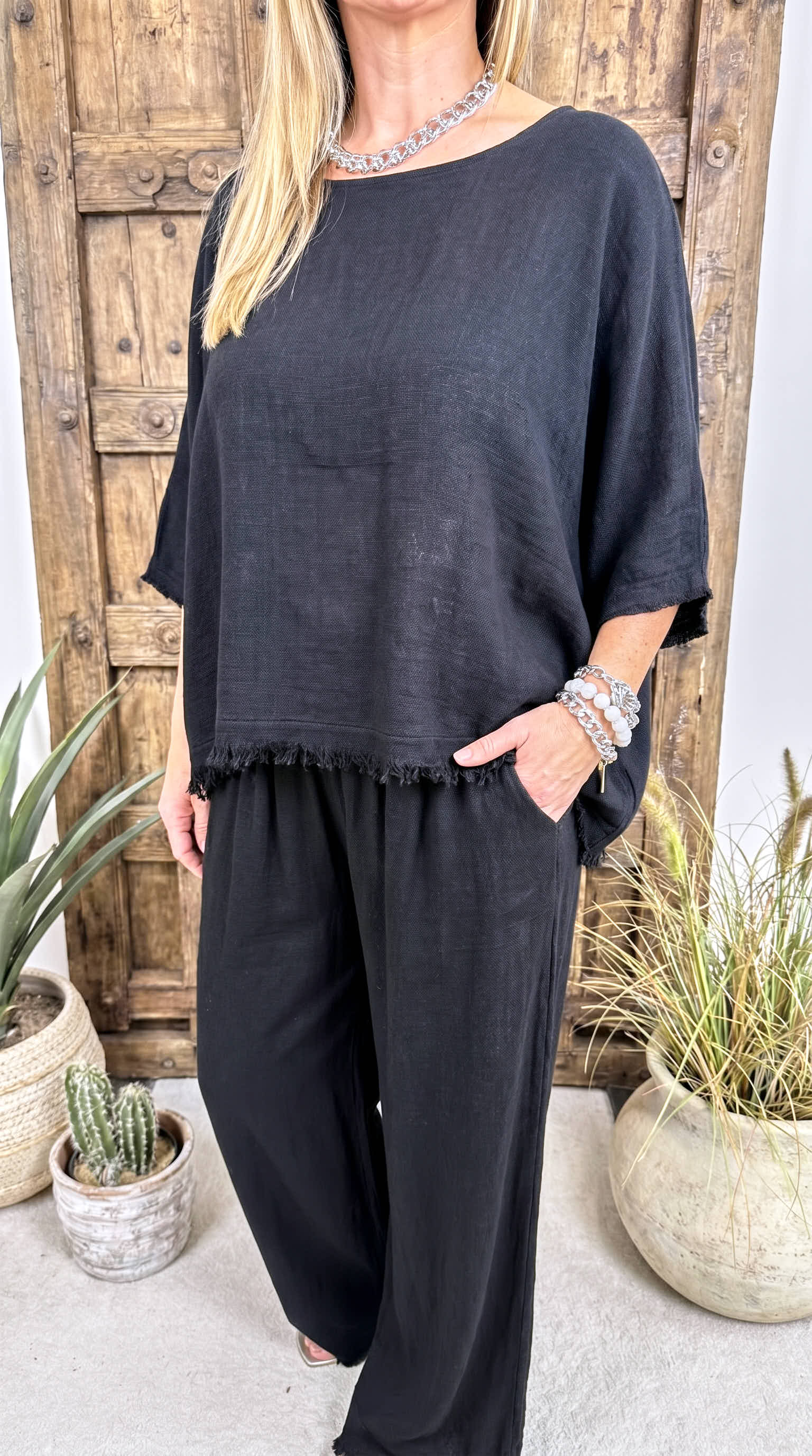 Leinen Shirt Summer Fringe *Schwarz*
