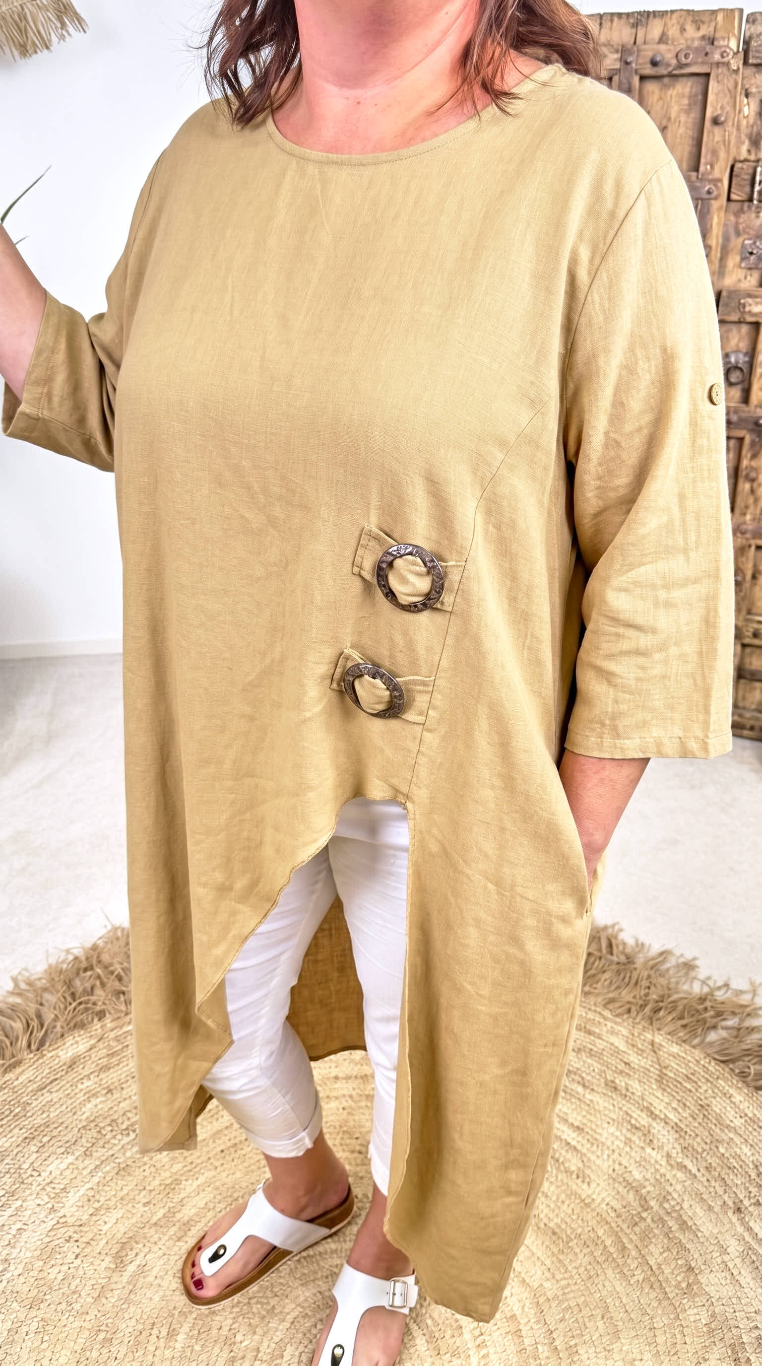 Leinen Long-Shirt Natural Button *Camel*