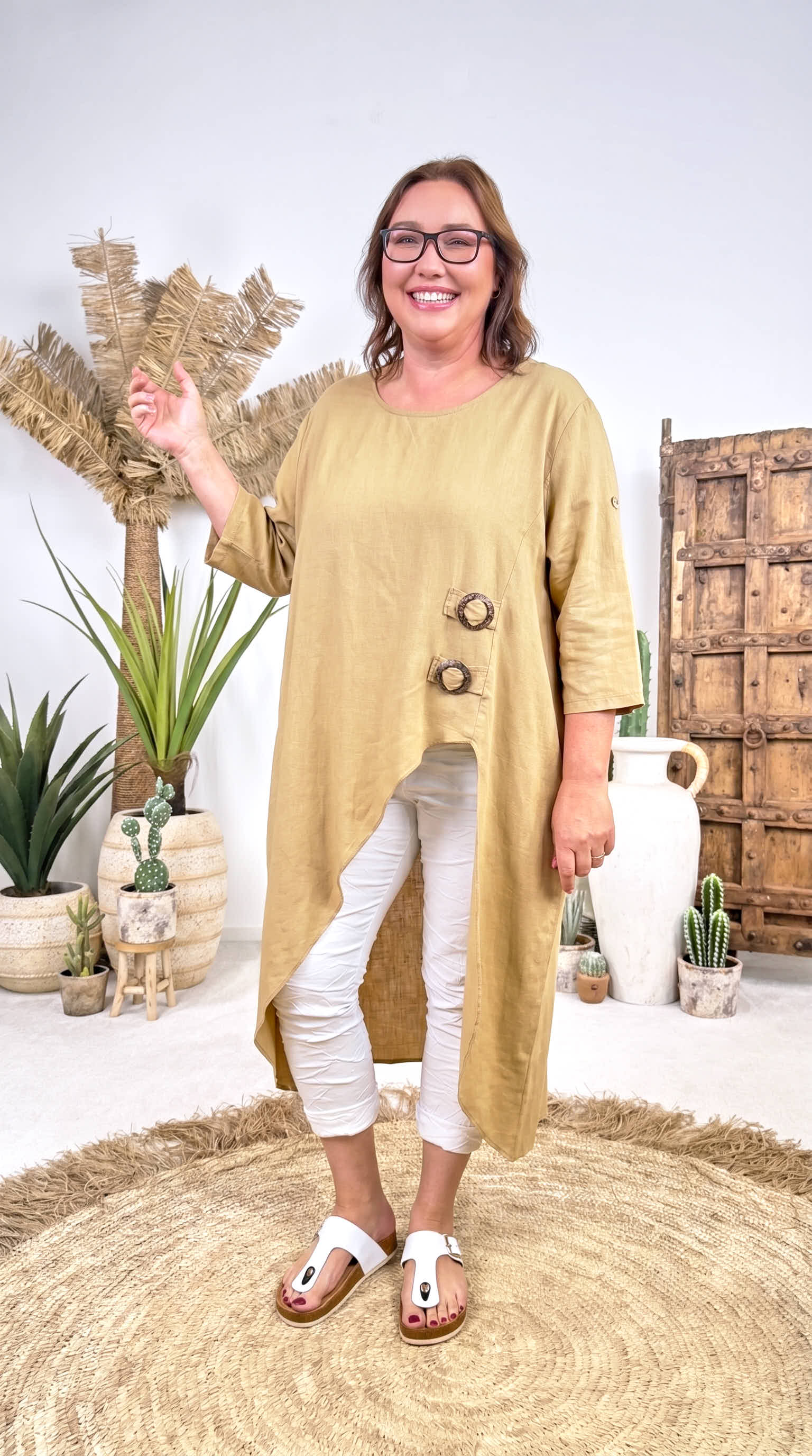 Leinen Long-Shirt Natural Button *Camel*