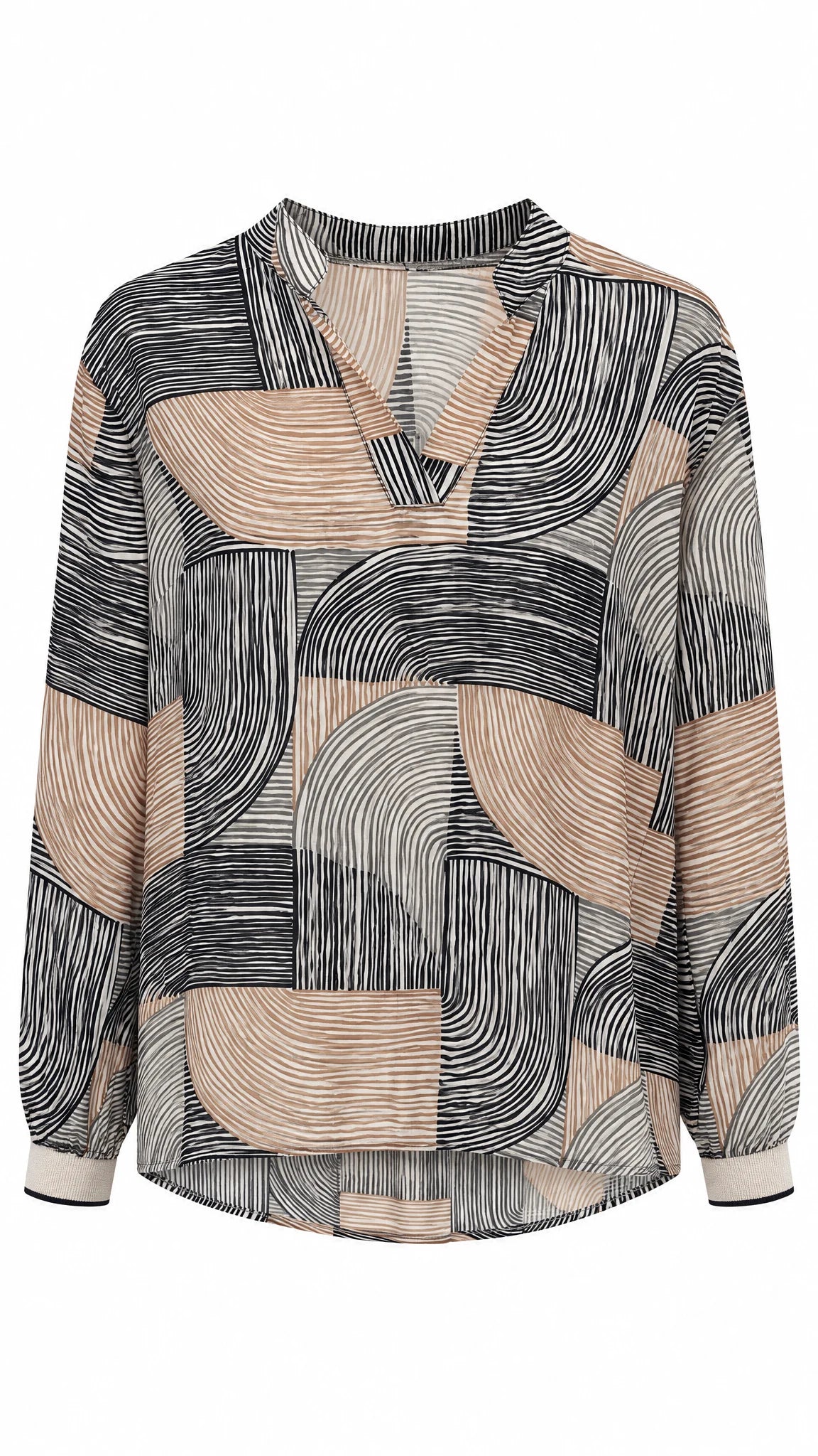 Second-Hand-Bluse mit abstraktem Streifenmuster, V-Ausschnitt und Langarm