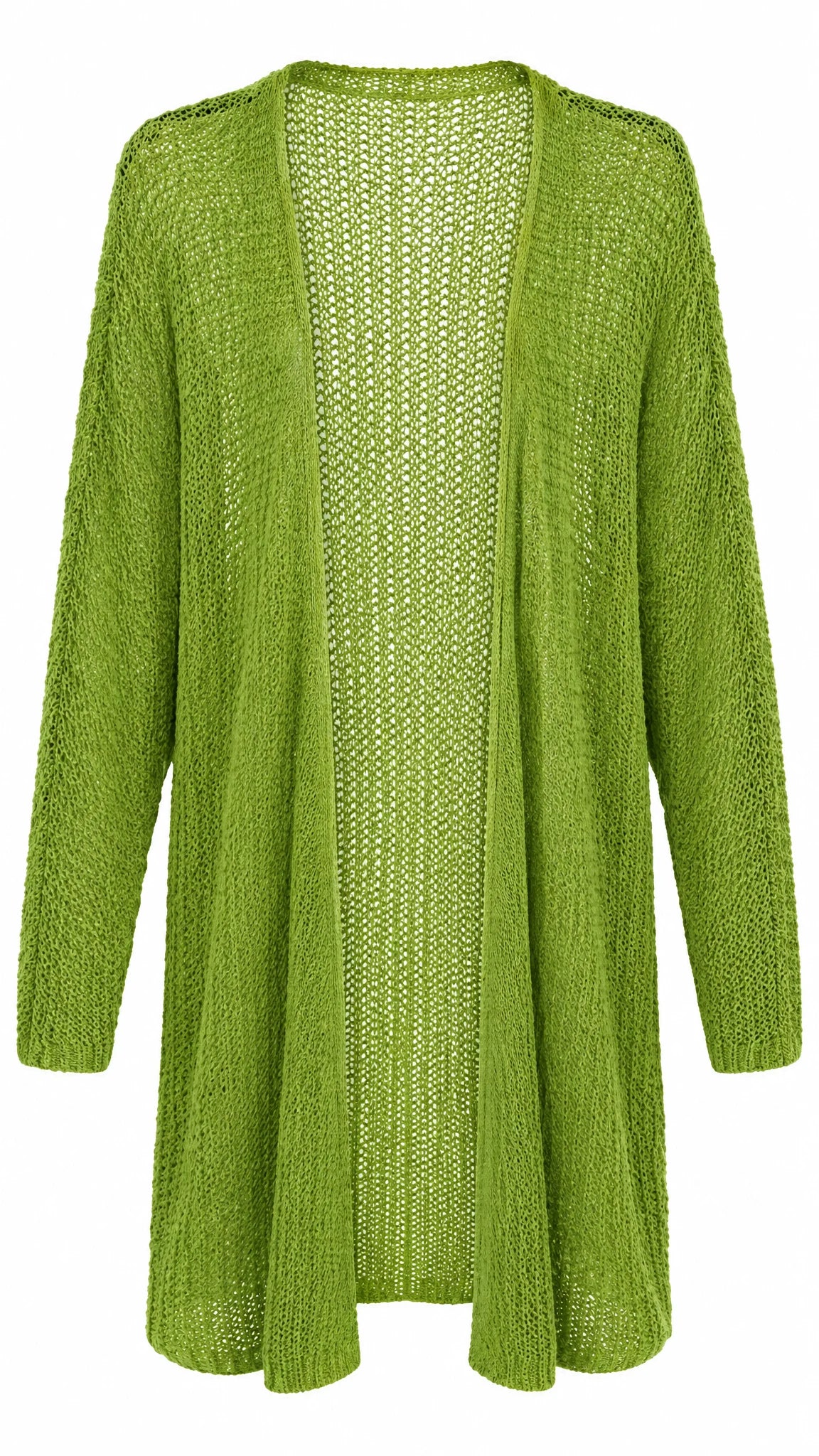 Offene grüne Strickjacke mit Grobstrick und Lochmuster auf einem Kleiderbügel