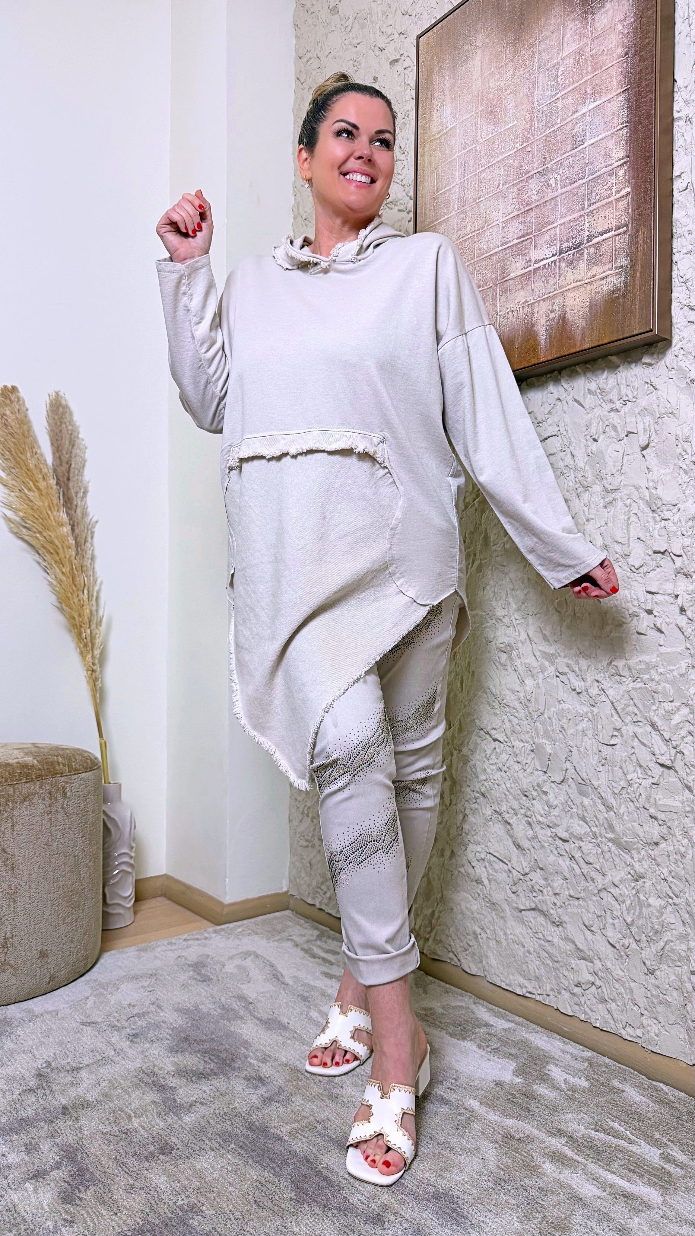 Long-Hoodie Cosy Fray Look *Beige*