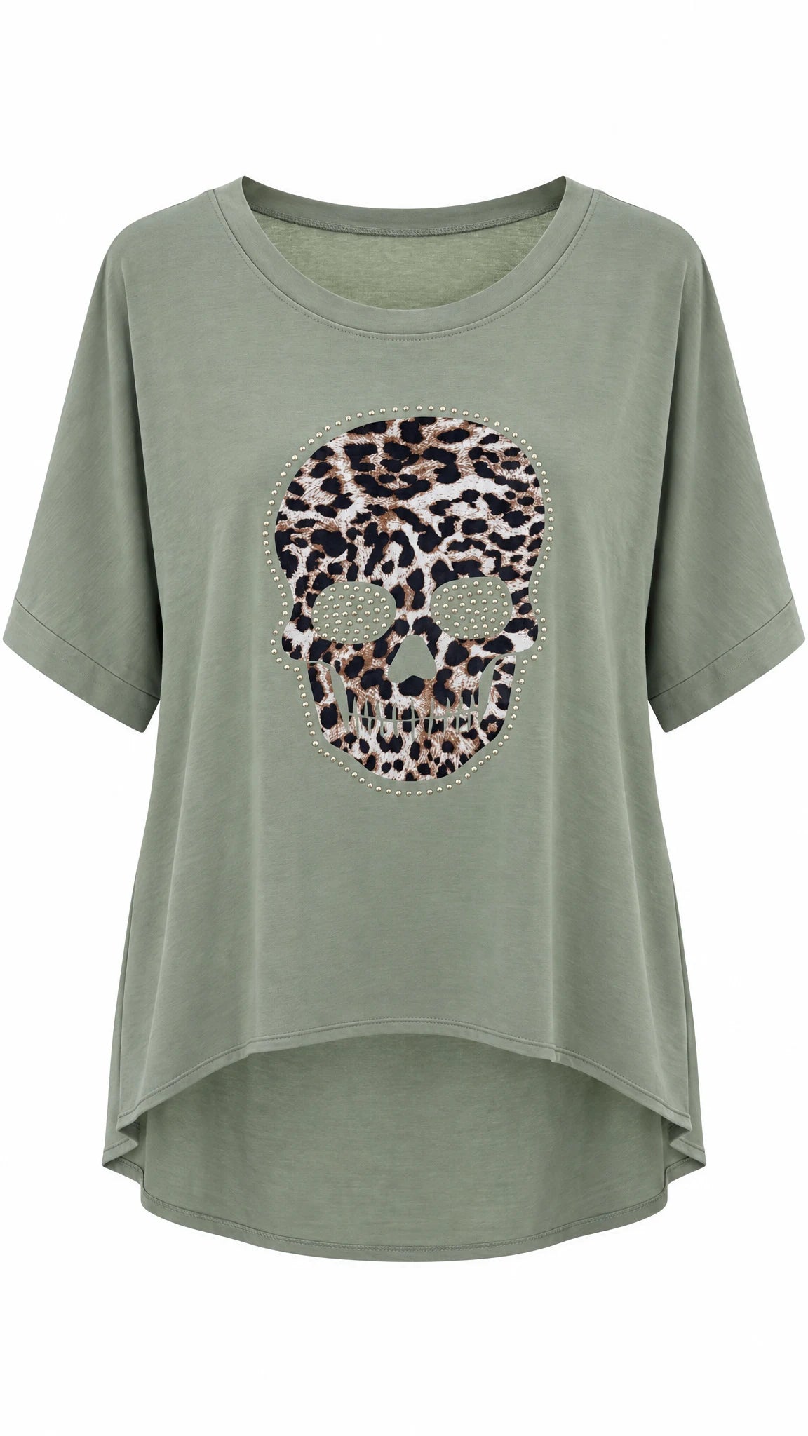 Grünes Oversize-Shirt mit Totenkopf-Print aus Leoparden-Muster und Strasssteinchen, kurze Ärmel, asymmetrischer Saum