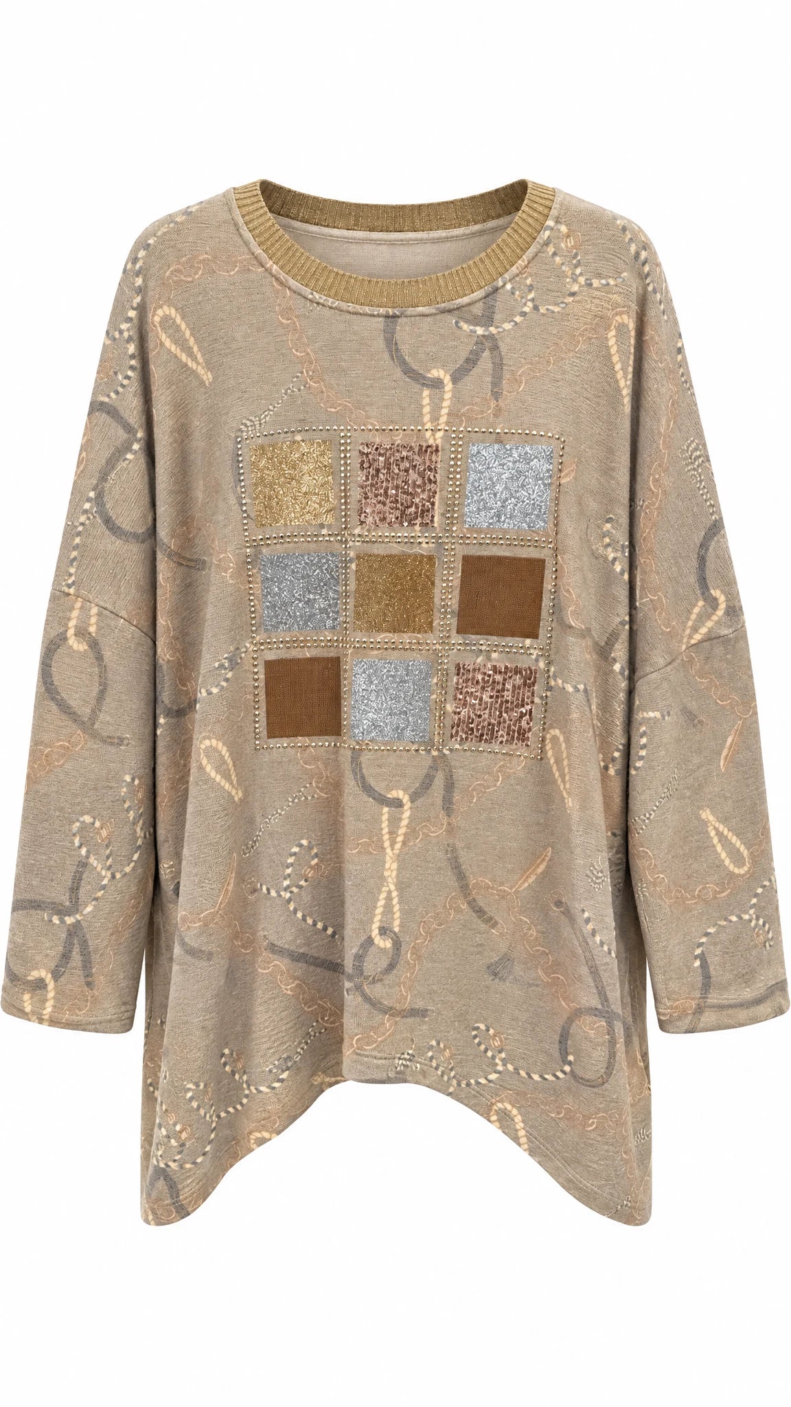 Beigefarbener Oversize-Pullover mit Glitzer-Patchwork-Element und Allover-Muster, Rundhalsausschnitt