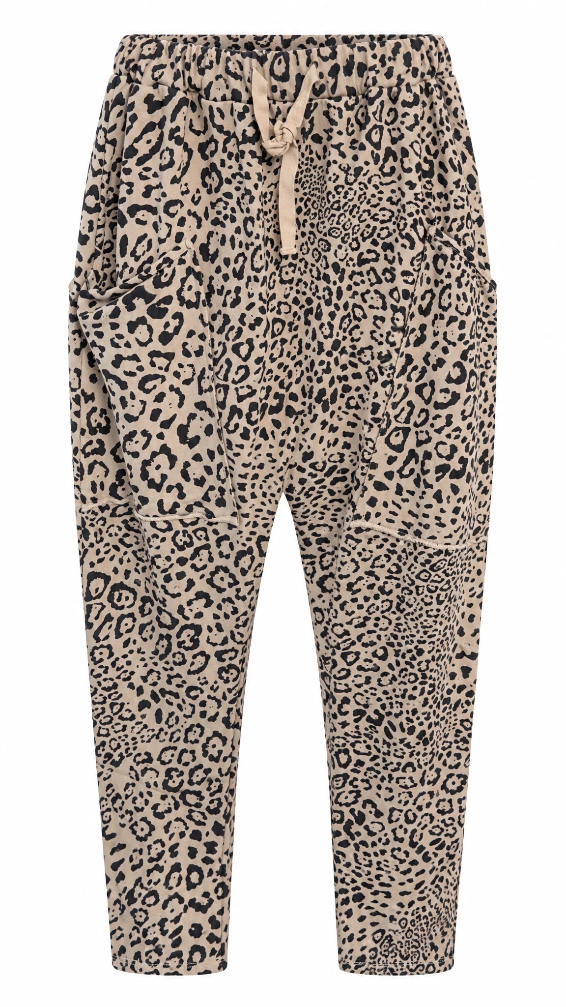 Beige-schwarze Haremshose mit Leopardenprint, elastischem Bund und seitlichen Taschen