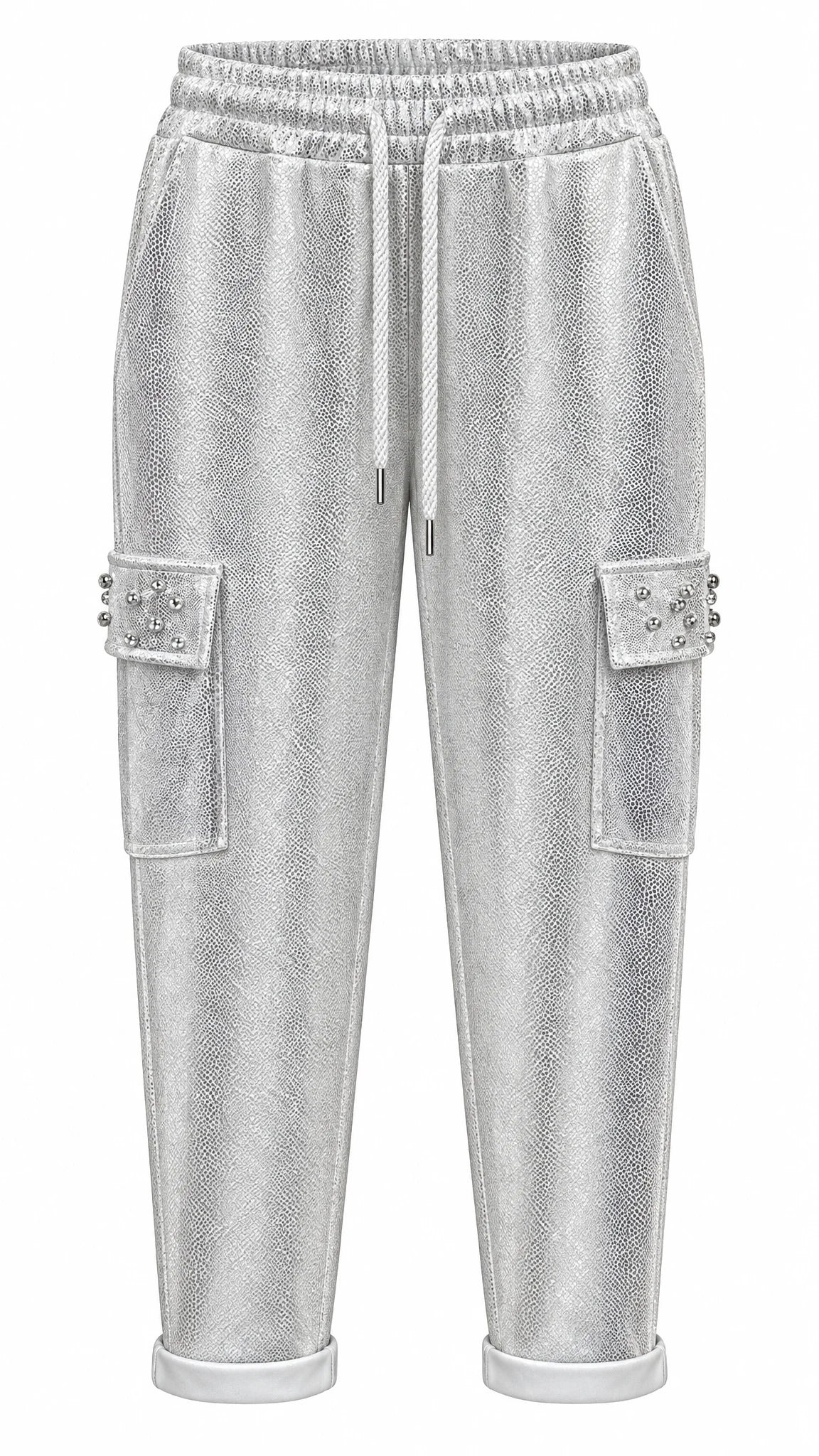 Silberfarbene Jogginghose mit Metallic-Struktur, seitlichen Cargotaschen mit Strasssteinen und elastischem Bund