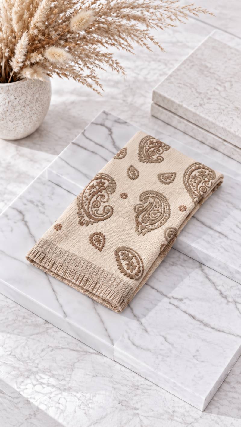 Gefalteter Schal mit Paisley-Muster und Fransen liegt auf Marmorplatte neben Trockenblumen in Beige