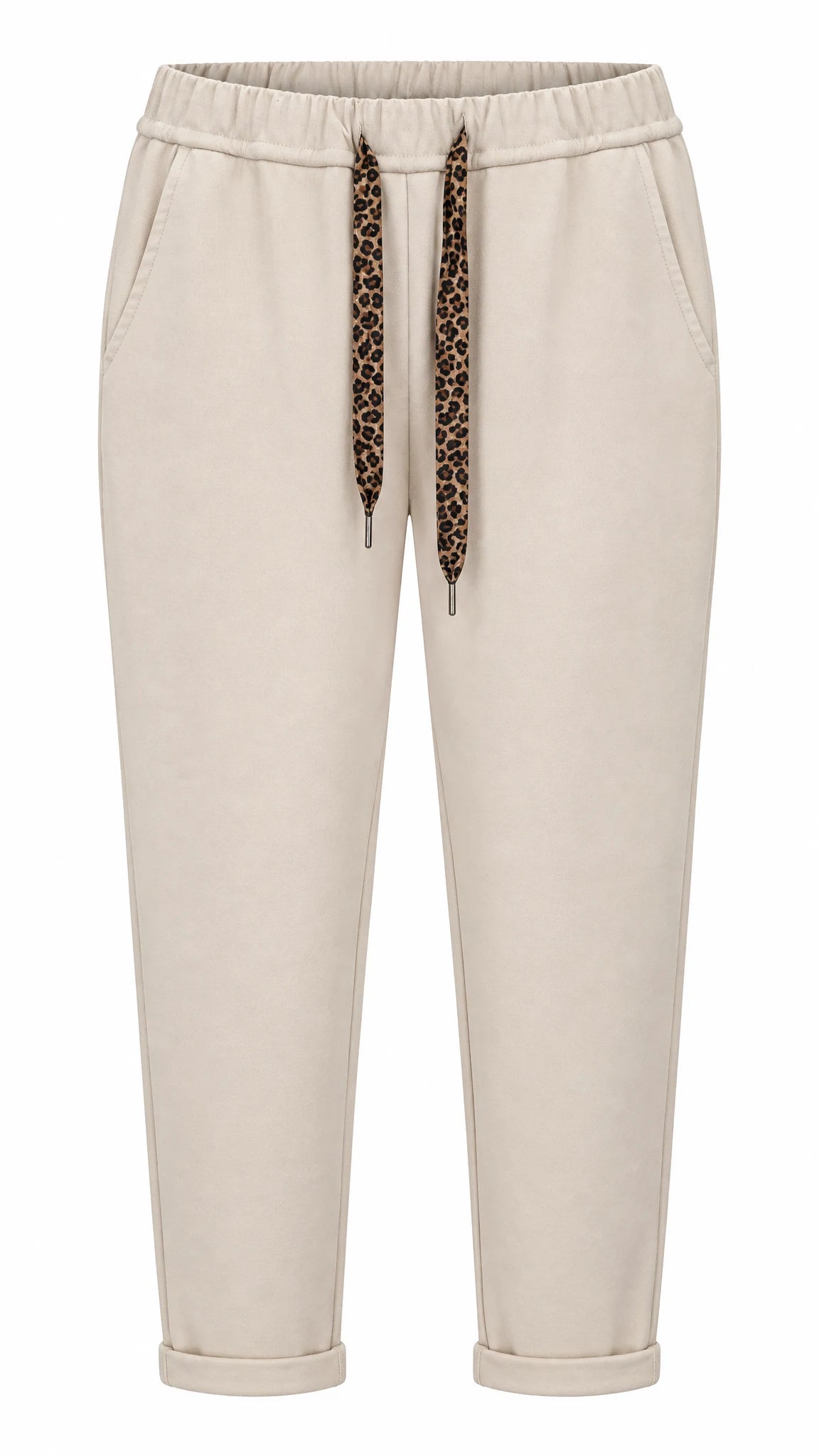 Beige Jogginghose mit Leoparden-Kordeln, seitlichen Taschen und Umschlagsaum