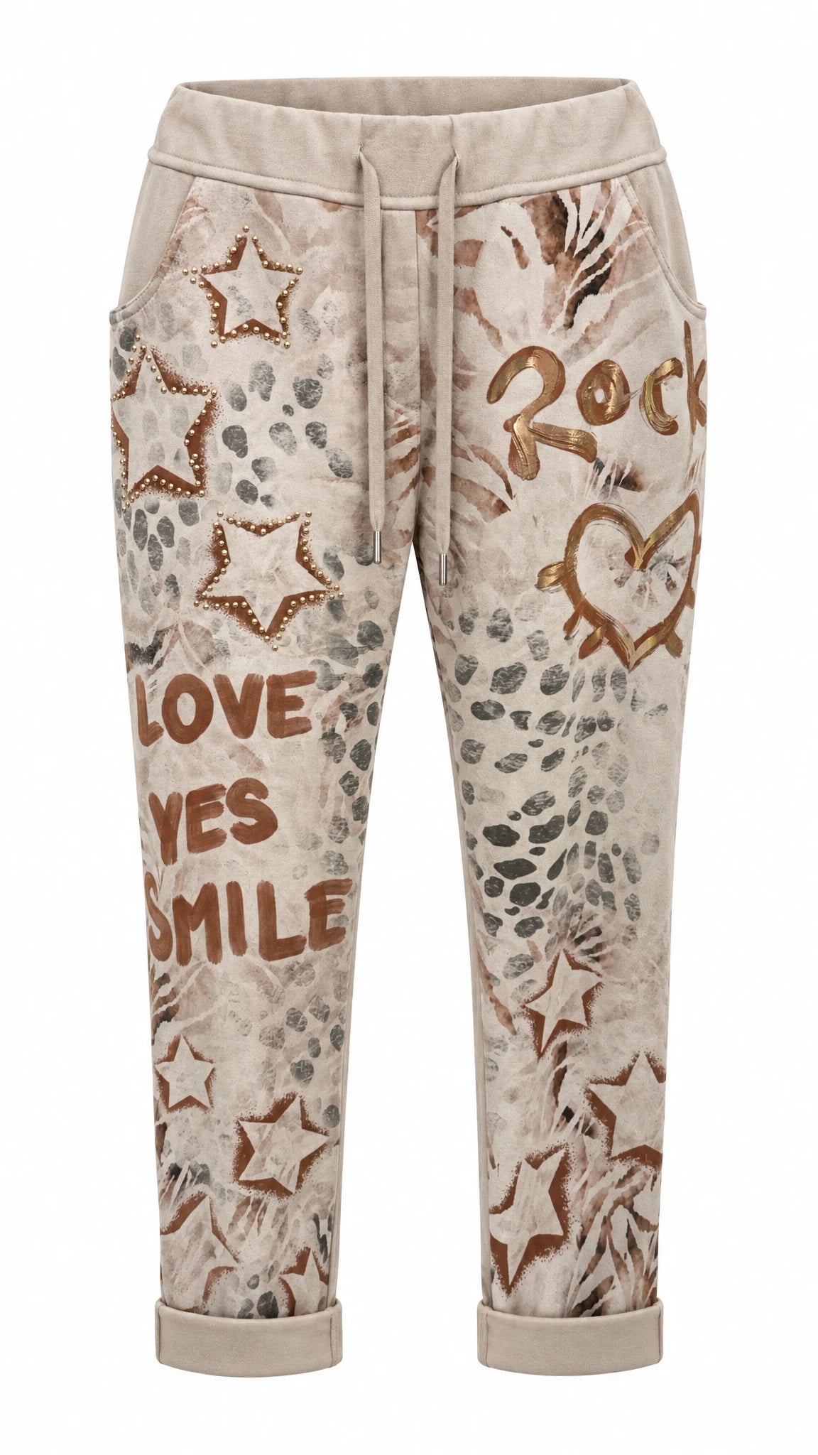 Beige Jogginghose mit Animal-Print, Strasssteinen und Schriftzügen wie Rock und Love Yes Smile