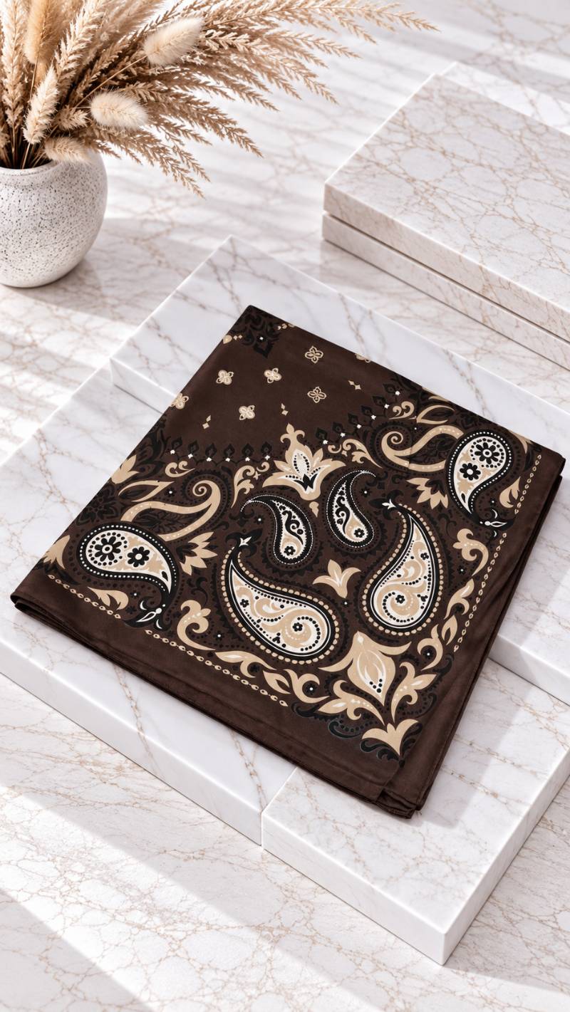 Gefaltetes quadratisches Halstuch mit Paisley-Muster auf Marmoruntergrund in Schoko