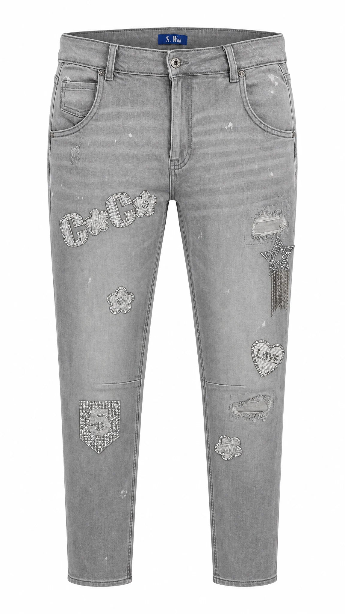 Graue Jeans mit Strassapplikationen in Blumen- und Sternform sowie aufgesetzten Patches
