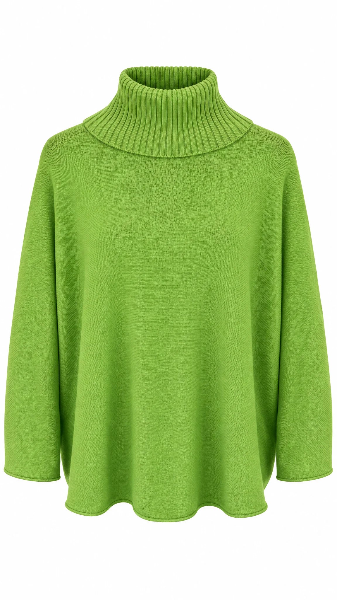 Grüner Rollkragenpullover mit weitem Schnitt und breitem Rippstrick-Kragen auf einem Kleiderbügel