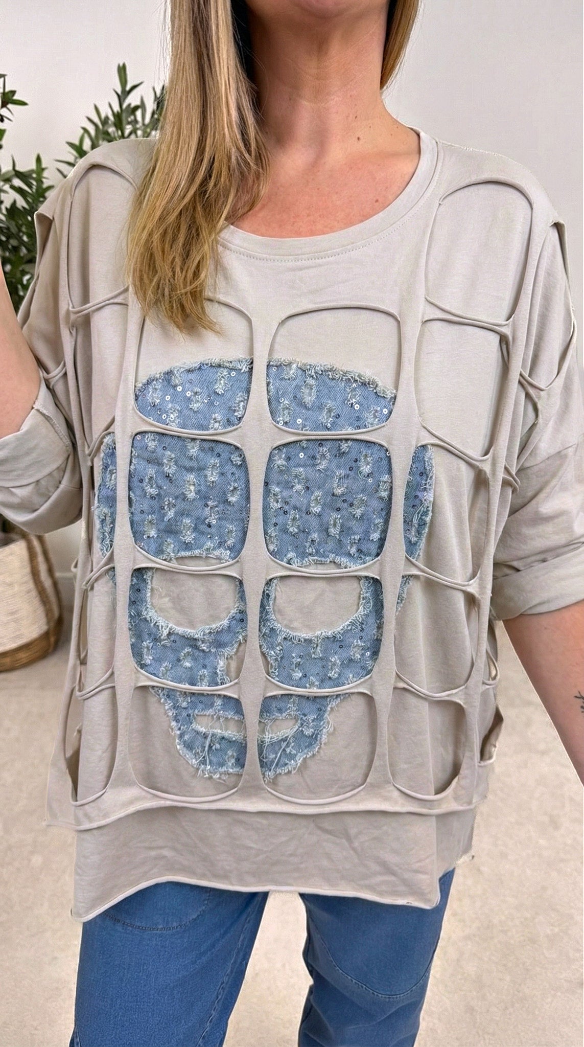 Langarmshirt Power Cut-Out *Beige* SKULL