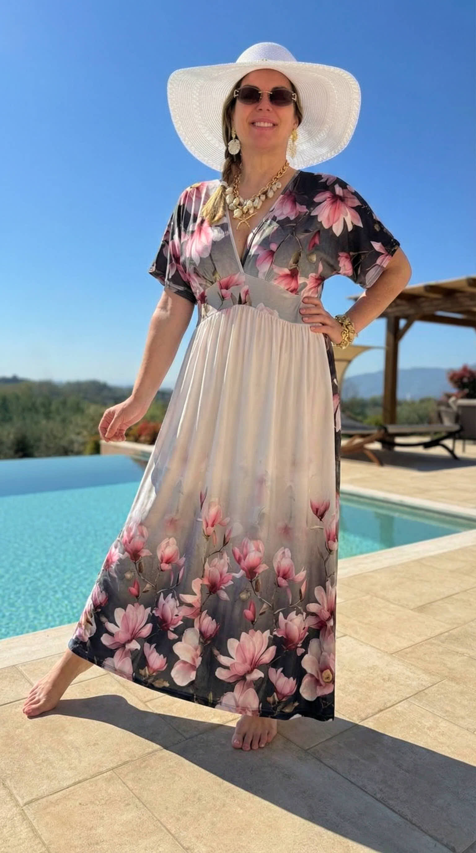 Langes Kleid Blush Blossom *Schwarz/Pink*