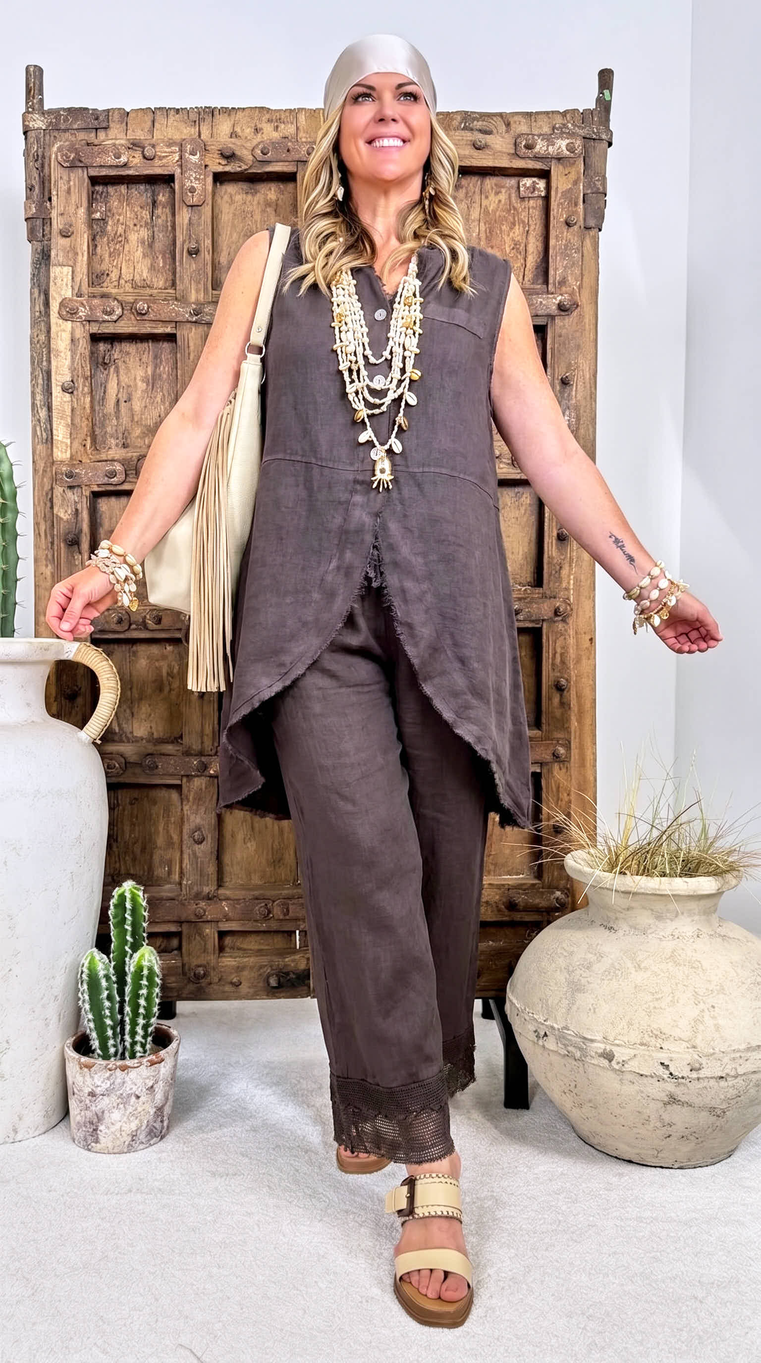 Leinen-Longbluse Boho Hoodie *Schoko*