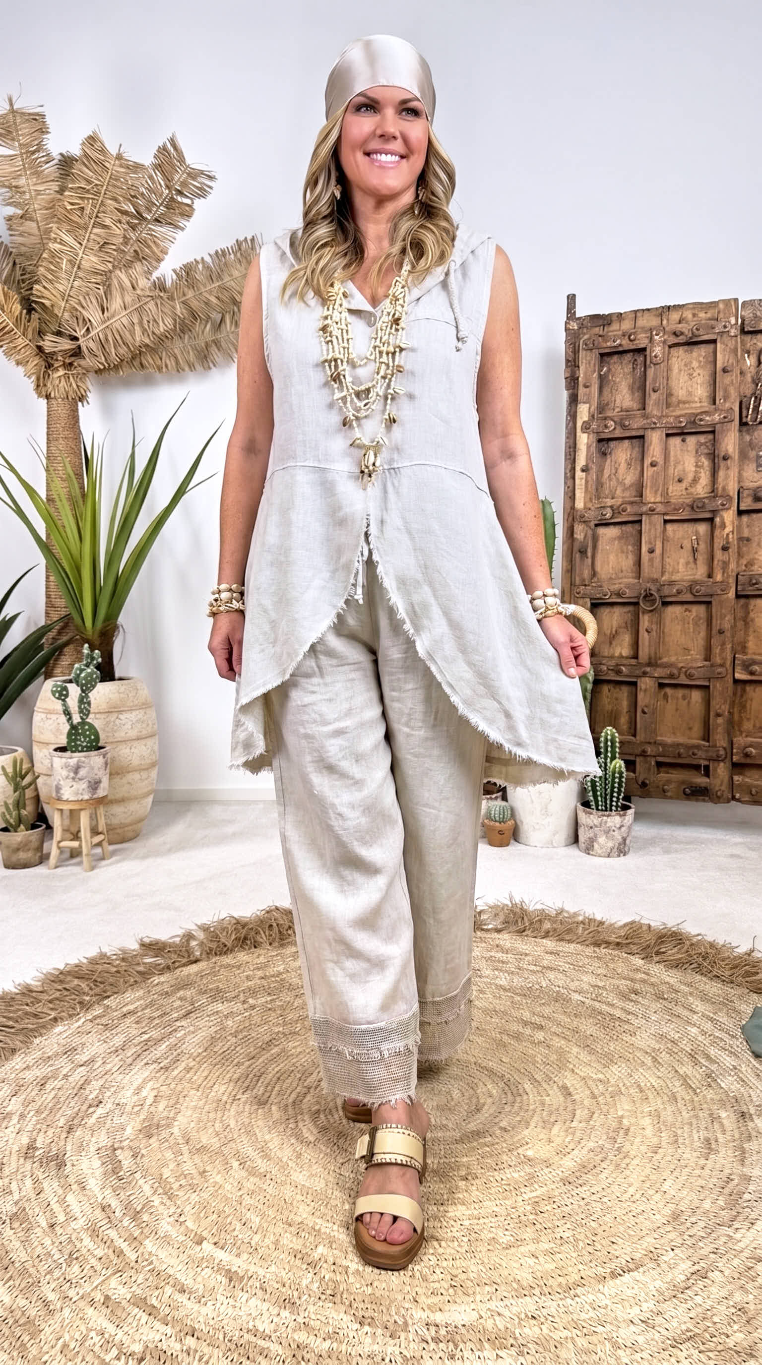 Leinen-Longbluse Boho Hoodie *Beige*