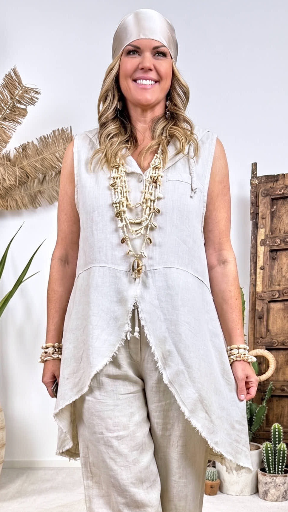 Leinen-Longbluse Boho Hoodie *Beige*