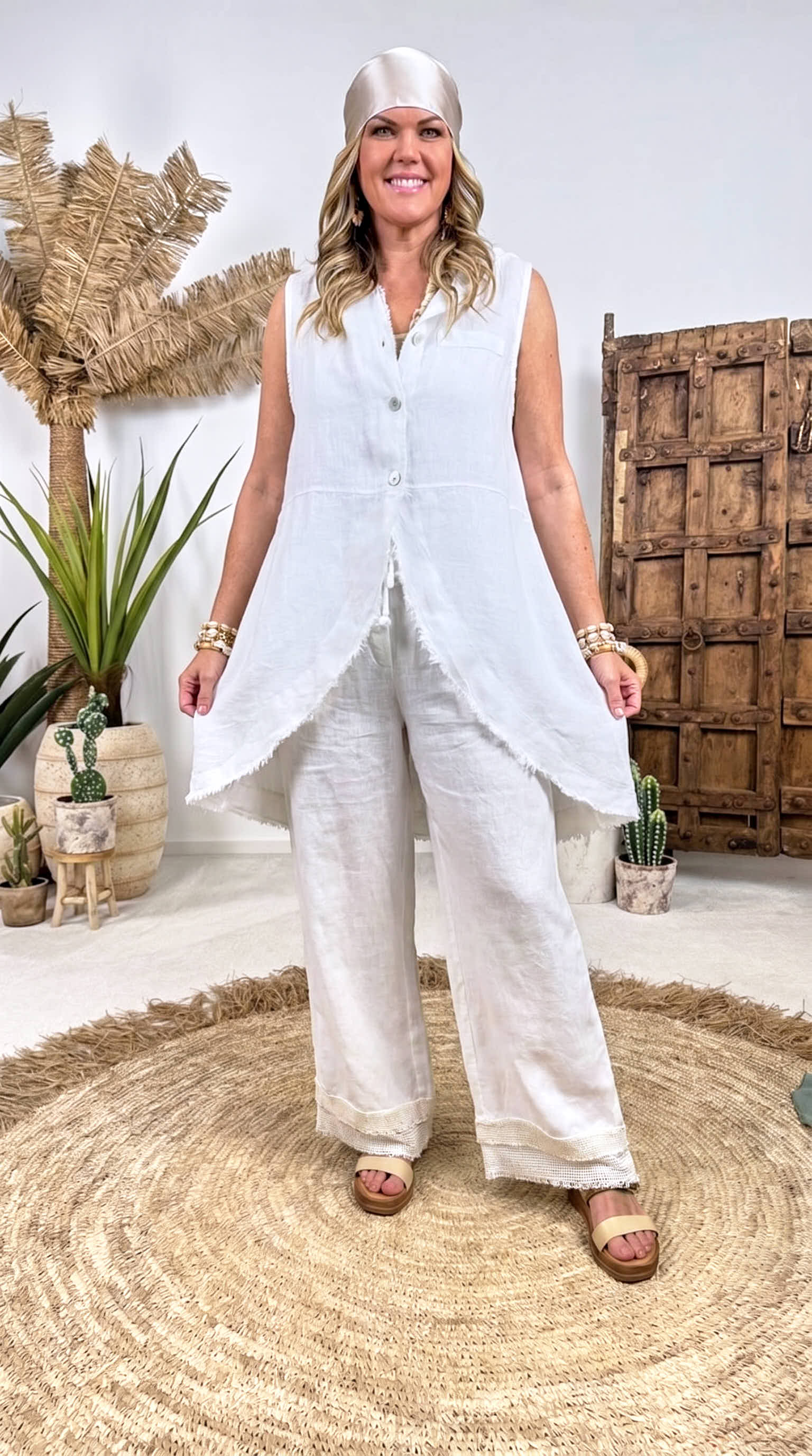 Leinen-Longbluse Boho Hoodie *Weiß*
