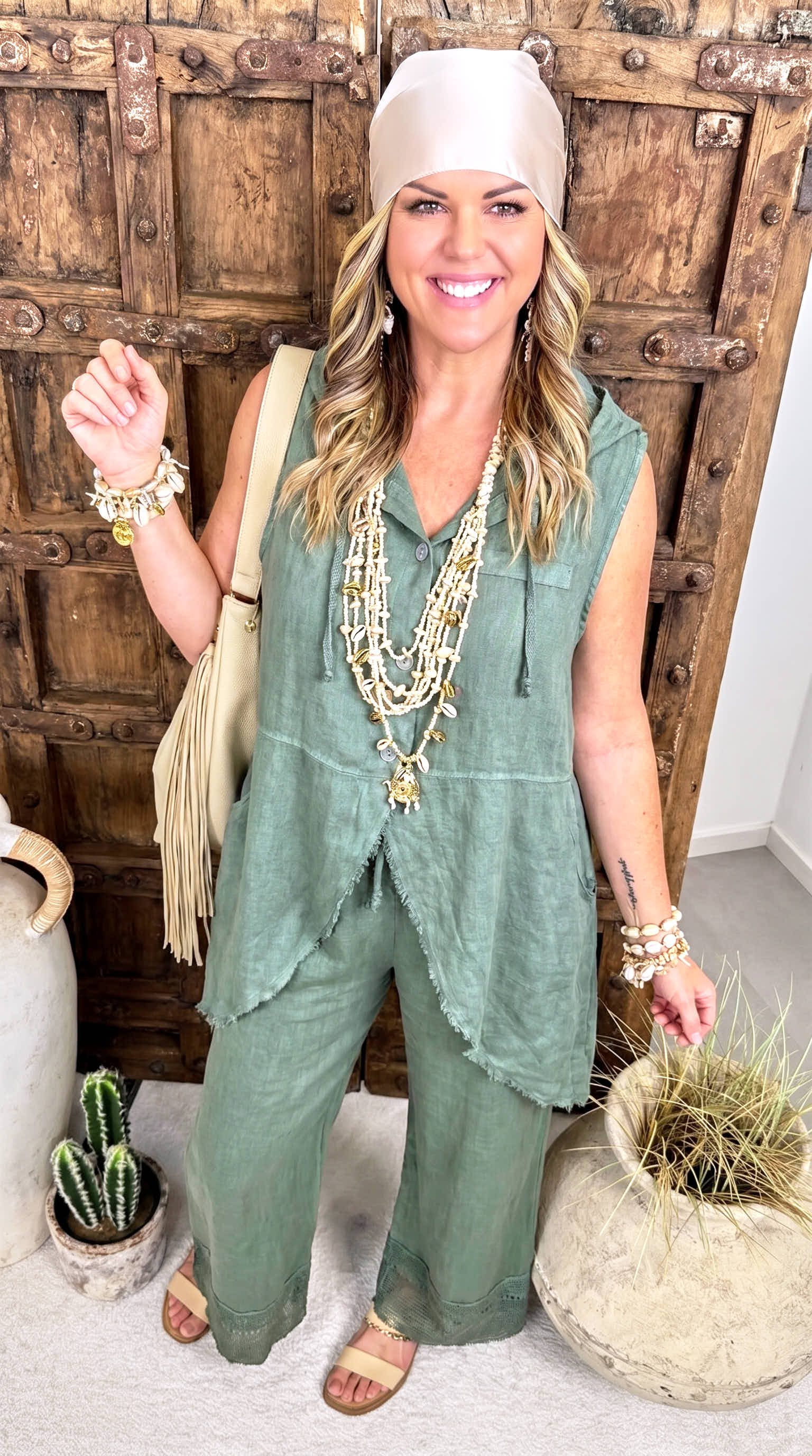 Leinen-Longbluse Boho Hoodie *Khaki*