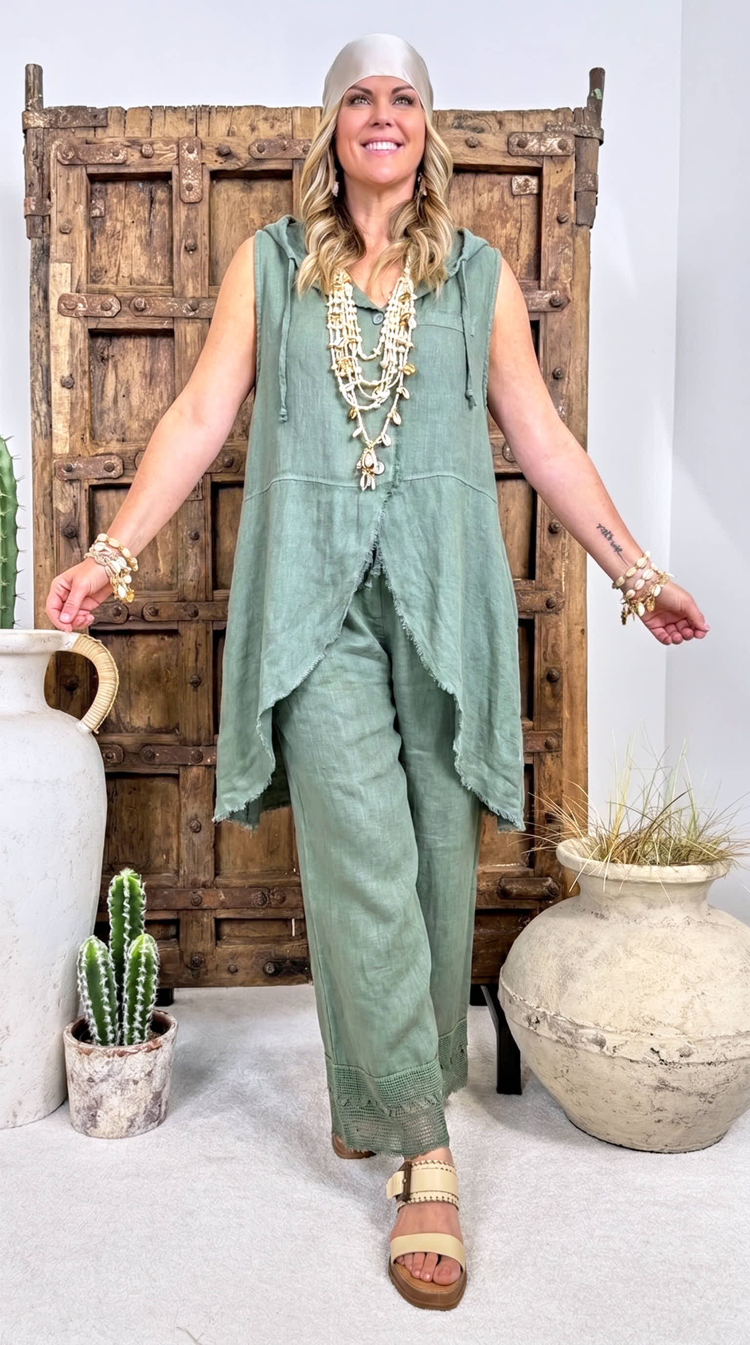Leinen-Longbluse Boho Hoodie *Khaki*