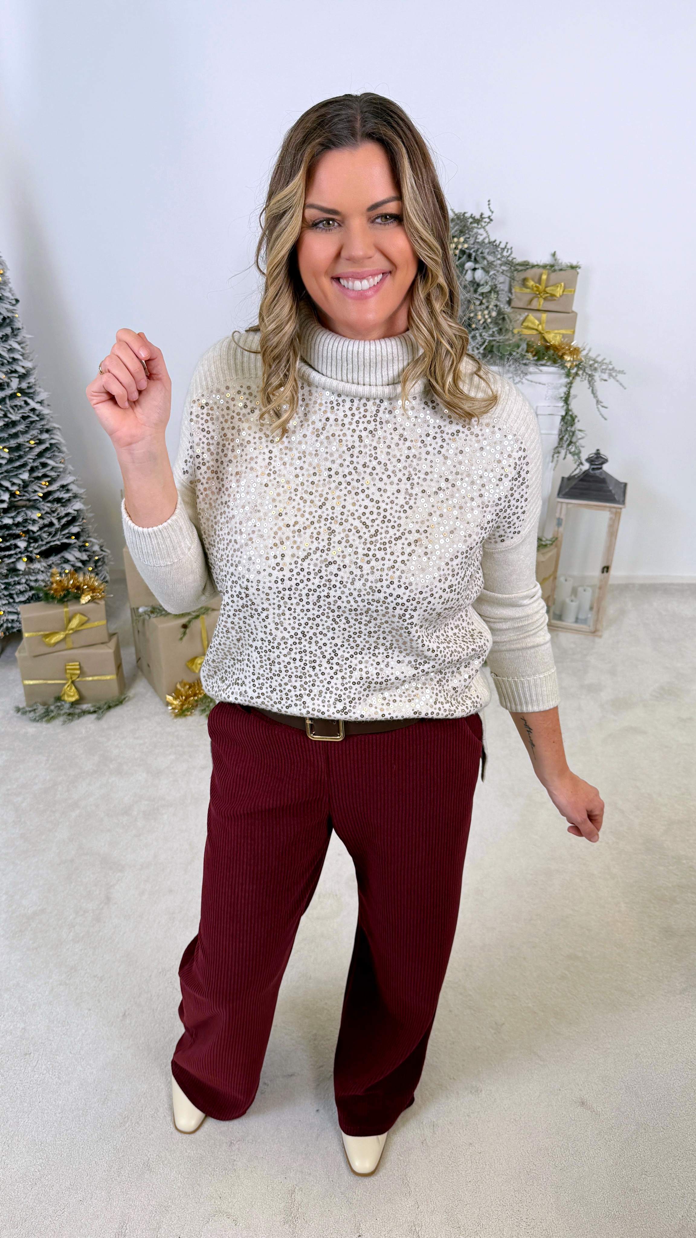 Rollkragenpullover Glitter Front *Beige* US-5626